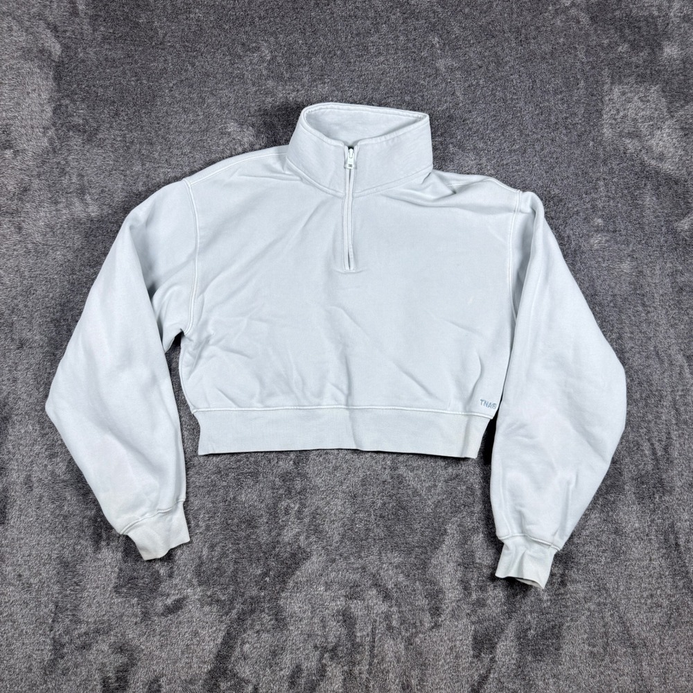 TNA Aritzia Cozy Fleece Quarter Zip Cropped Sweatshirt Light Blue Medium